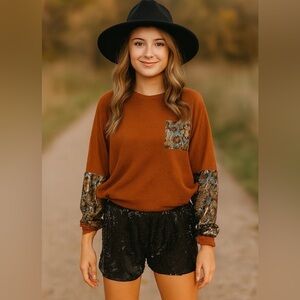 Cheetah Oversized Pocket/ 3/4 Bottom Arm Accent Rust Long Sleeve Crew Top- Size